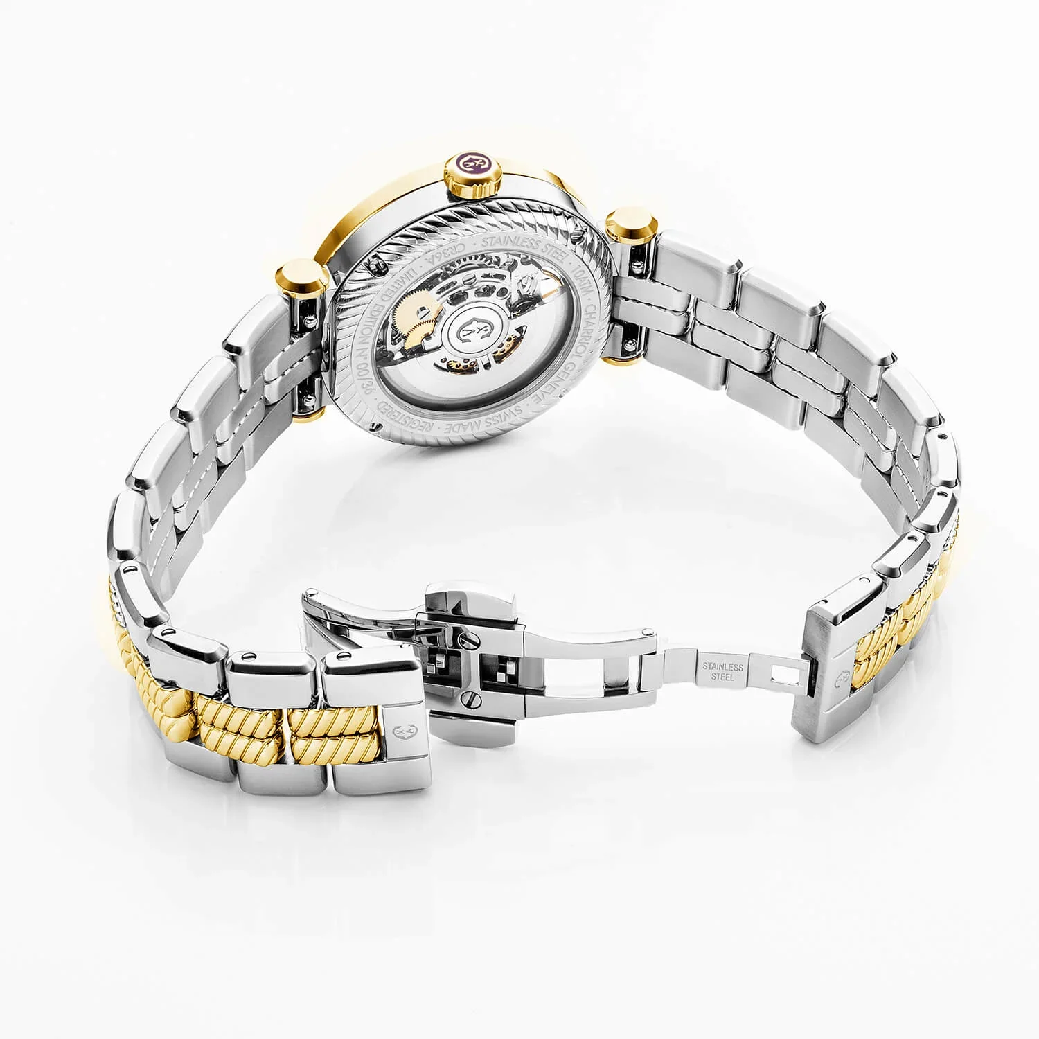 NAVIGATOR CRUISE, 36MM, CHARRIOL SKELETON AUTOMATIC CALIBRE, CRYSTAL WITH 12 DIAMONDS INDEX INNER RING DIAL, STEEL YELLOW GOLD PVD WITH 30 FULLCUTS DIAMONDS & 6 DIAMONDS BEZEL, METAL BICOLOR INTERCHANGEABLE BRACELET - Image 5