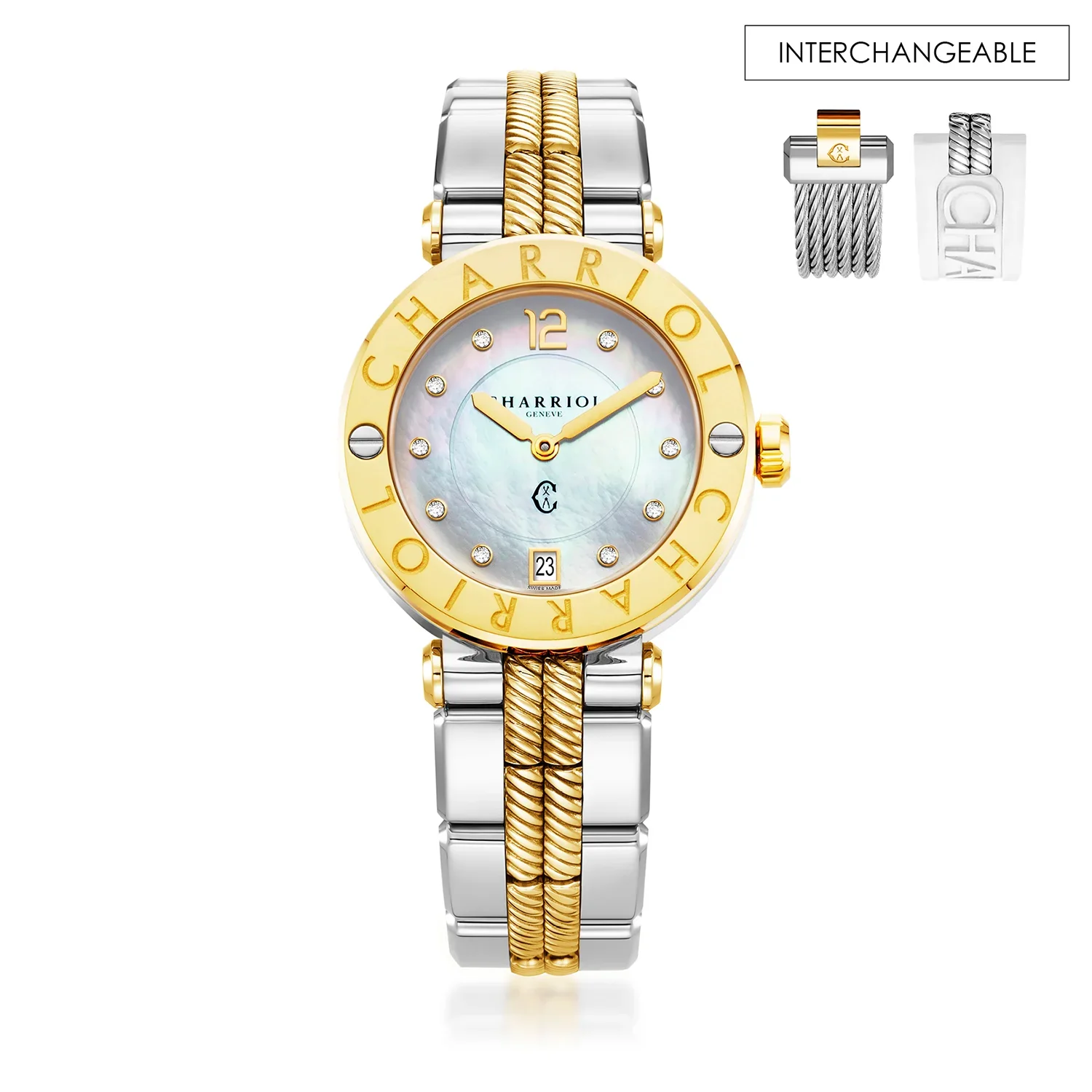 NAVIGATOR CRUISE, 36MM, QUARTZ CALIBRE, MOTHER-OF-PEARL WITH 10 DIAMONDS DIAL, STEEL YELLOW GOLD PVD "CHARRIOL CHARRIOL" BEZEL, BICOLOR METAL INTERCHANGEABLE BRACELET