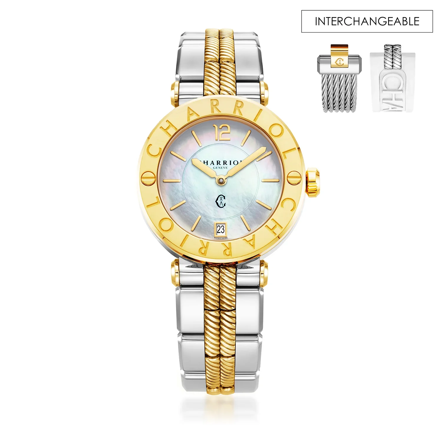 NAVIGATOR CRUISE, 36MM, QUARTZ CALIBRE, MOTHER-OF-PEARL DIAL, STEEL YELLOW GOLD PVD "CHARRIOL CHARRIOL" BEZEL, METAL BICOLOR INTERCHANGEABLE BRACELET
