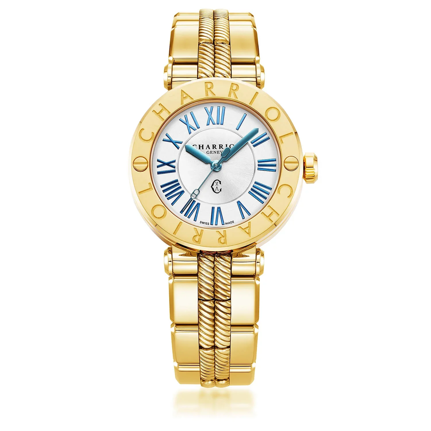 NAVIGATOR CRUISE, 36MM, QUARTZ CALIBRE, WHITE MOTHER-OF-PEARL WITH 12 ROMAN FIGURES DIAL, STEEL YELLOW GOLD PVD "CHARRIOL CHARRIOL" WITH 2 SCREWS BEZEL, METAL YELLOW GOLD PVD INTERCHANGEABLE BRACELET