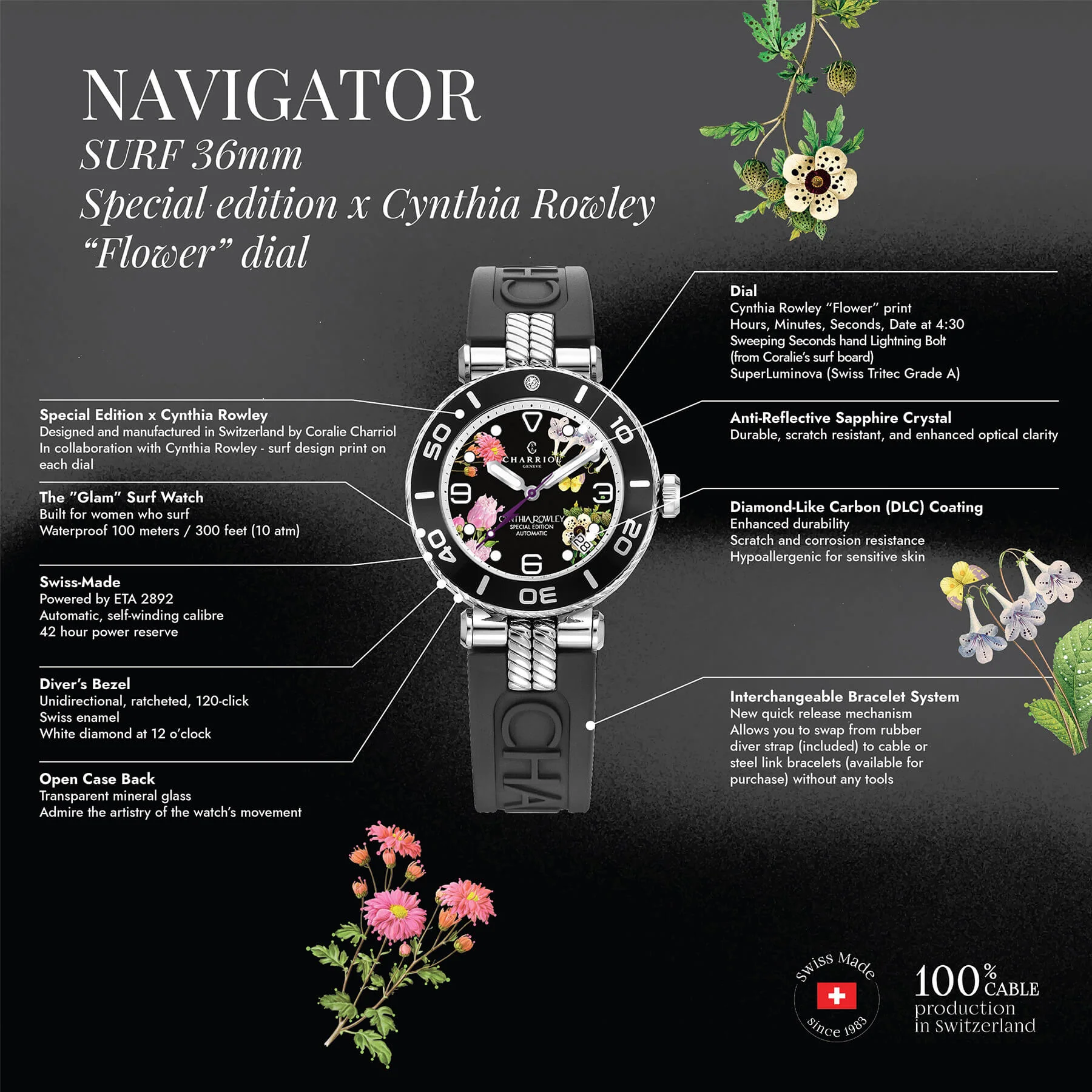 NAVIGATOR SURF, 36MM, AUTOMATIC CALIBRE, FLOWER DIAL, BLACK WITH 1 DIAMOND BEZEL, BLACK RUBBER INTERCHANGEABLE BRACELET, SPECIAL EDITION X CYNTHIA ROWLEY - Image 5