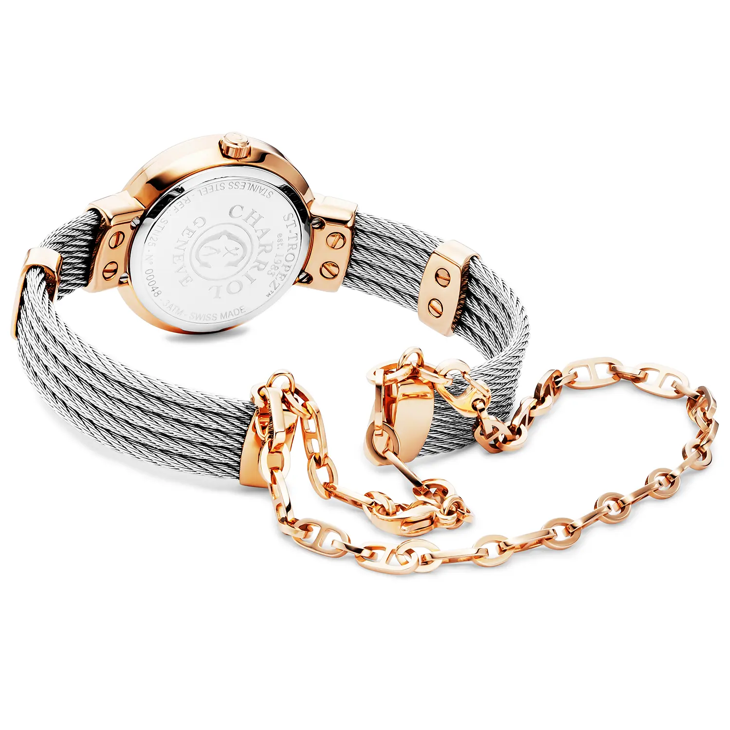 ST TROPEZ®, 25MM, QUARTZ CALIBRE, MOTHER-OF-PEARL WITH 2 DIAMONDS DIAL, MOTHER-OF-PEARL BEZEL, STEEL CABLE BRACELET & ROSE GOLD PVD DECORS - Image 2