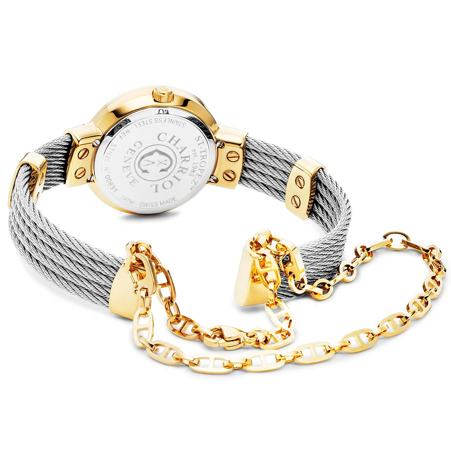 ST TROPEZ®, 25MM, QUARTZ CALIBRE, MOTHER-OF-PEARL DIAL, YELLOW GOLD PVD WITH 36 DIAMONDS BEZEL, STEEL CABLE BRACELET & YELLOW GOLD PVD DECORS - Image 2