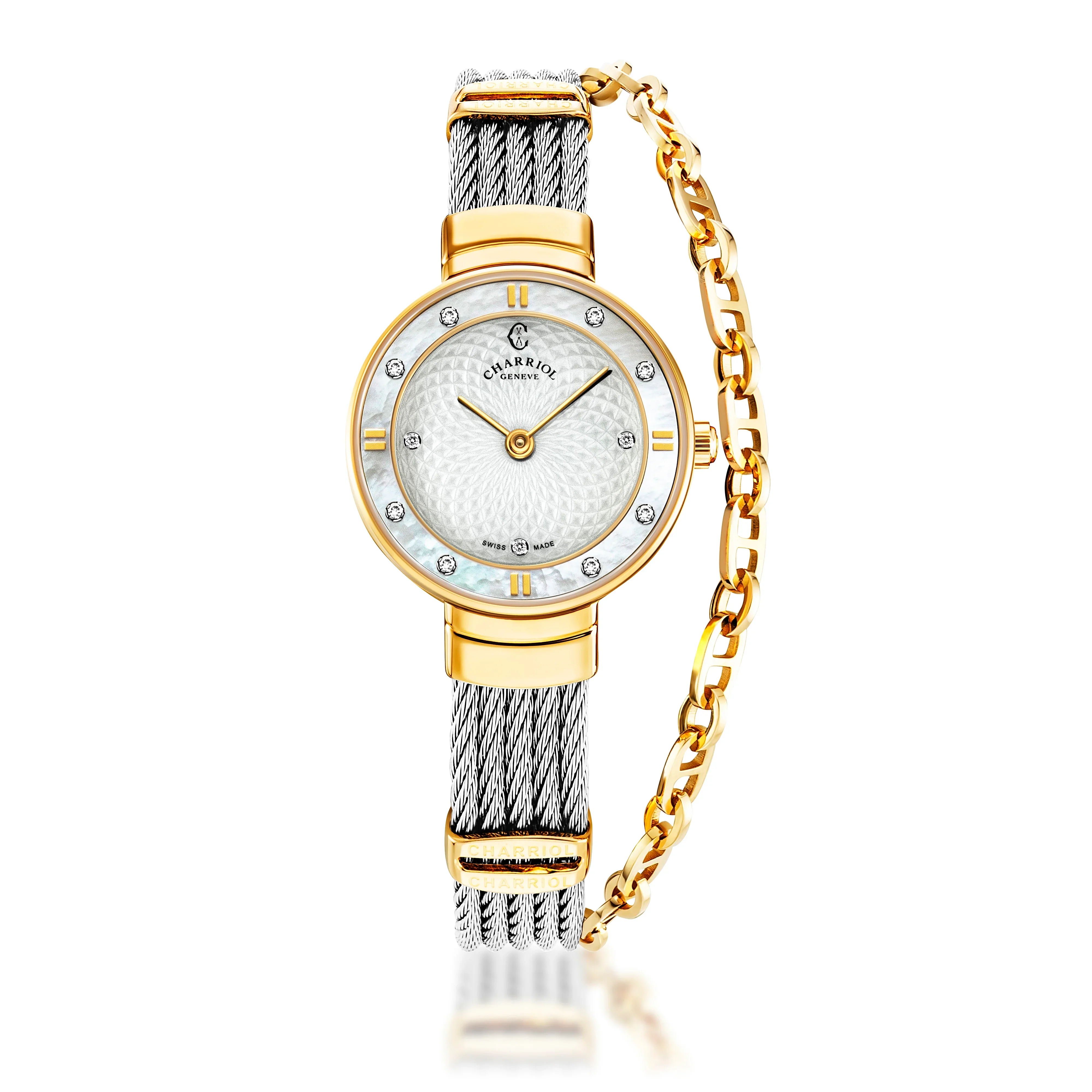 ST-TROPEZ® GUILLOCHE, 25MM, WHITE MOTHER-OF-PEARL WITH ROMAN NUMERAL & 8 DIAMONDS BEZEL, WHITE GUILLOCHE MOTHER-OF-PEARL WITH 10 DIAMONDS DIAL, STEEL CABLE WITH YELLOW GOLD PVD DECORS BRACELET