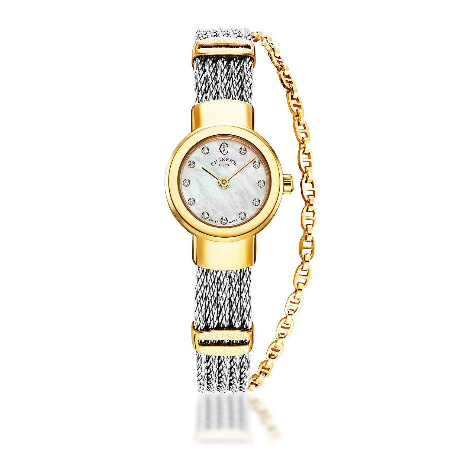 ST TROPEZ®, 20MM, QUARTZ CALIBRE, WHITE MOTHER-OF-PEARL WITH 11 DIAMONDS DIAL, STEEL YELLOW GOLD PVD BEZEL, STEEL CABLE BRACELET