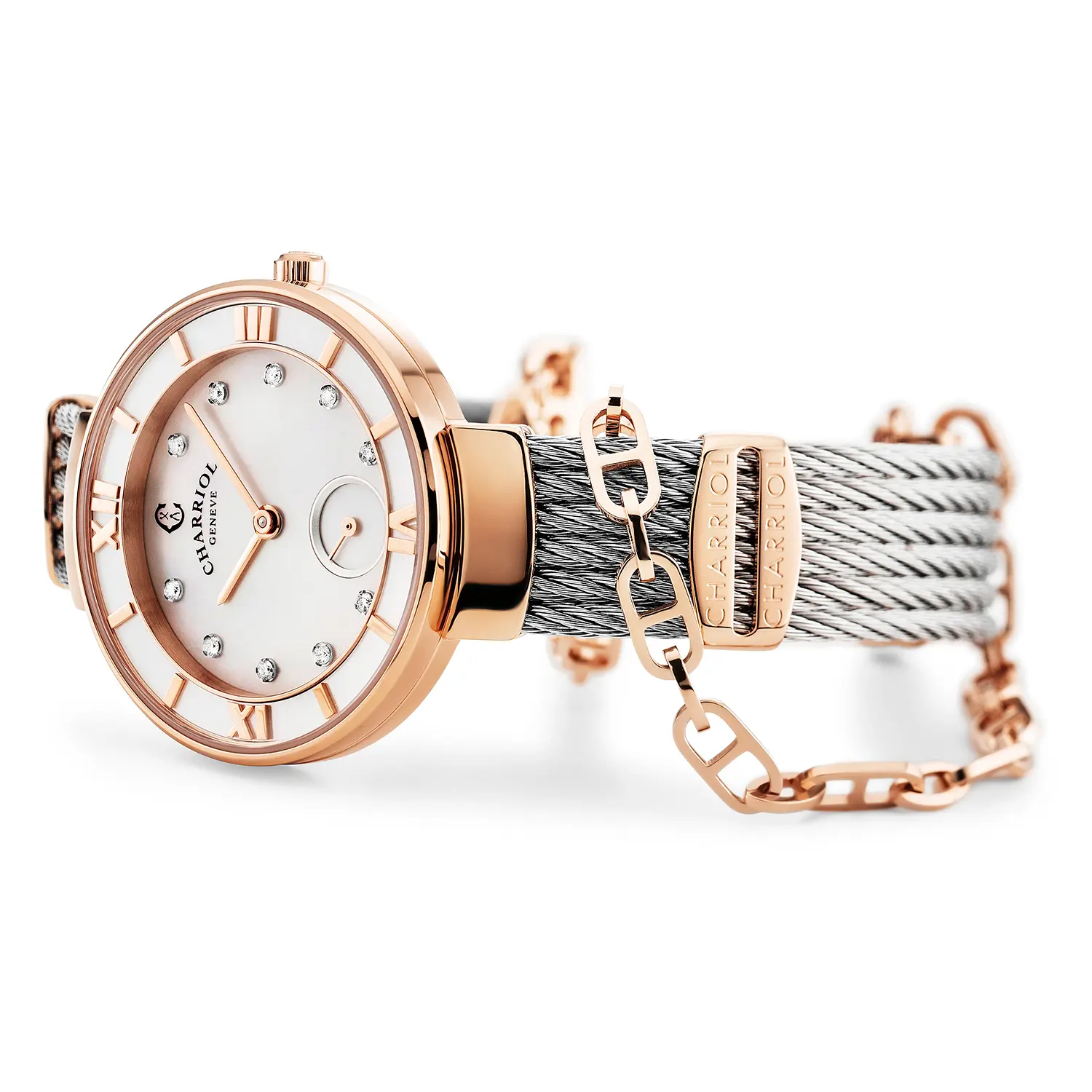 ST TROPEZ®, 30MM, QUARTZ CALIBRE, MOTHER-OF-PEARL WITH 10 DIAMONDS DIAL, MOTHER-OF-PEARL BEZEL, STEEL CABLE BRACELET & ROSE GOLD PVD DECORS - Image 5