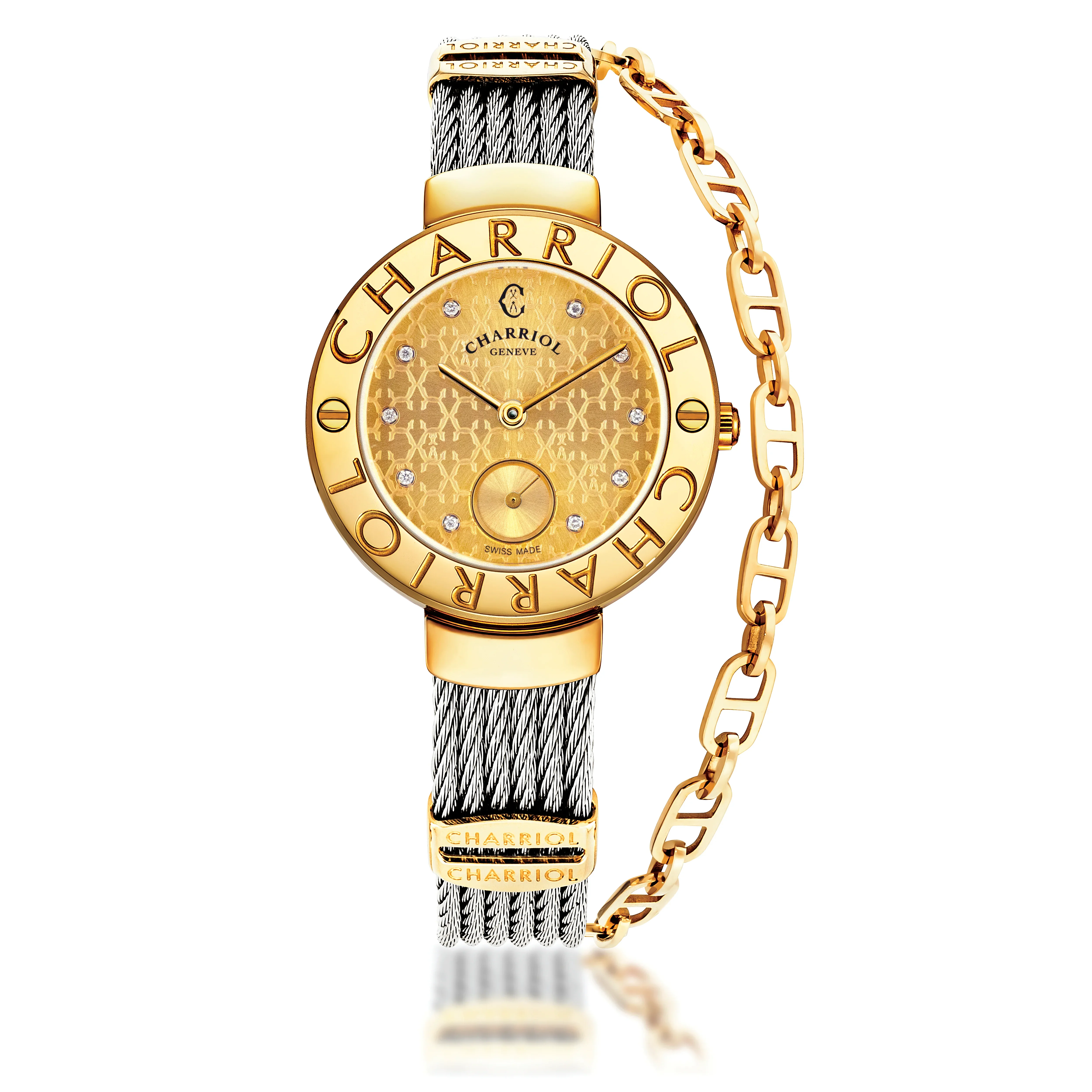 ST-TROPEZ® MONOGRAM, 30MM, STEEL YELLOW GOLD PVD BEZEL, CHAMPAGNE MONOGRAM WITH 10 DIAMONDS DIAL, STEEL CABLE WITH YELLOW GOLD PVD DECORS BRACELET